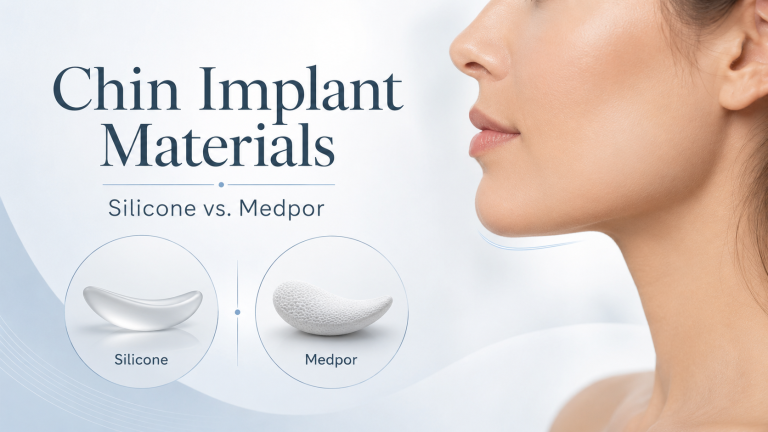 Side profile of a woman with chin implant material comparison showing silicone and Medpor implant options.