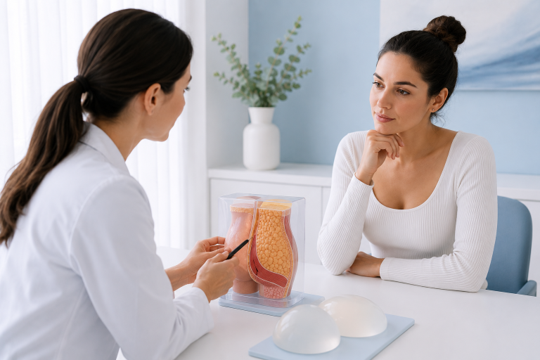 Plastic surgeon discussing Brazilian butt lift safety with a patient during consultation.
