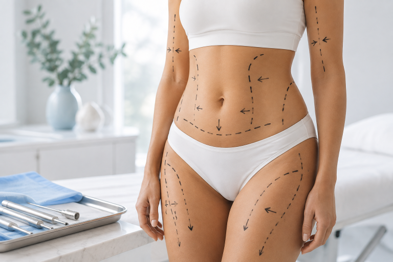 Liposuction treatment markings on the abdomen, thighs, and upper arms.