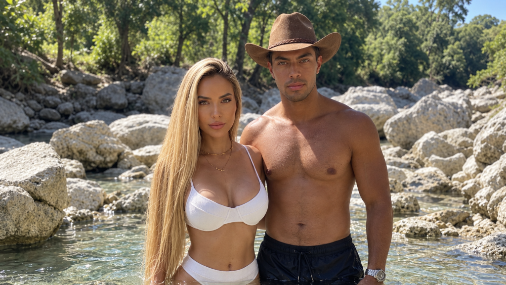 Couple standing together in shallow water surrounded by large coastal rocks.
