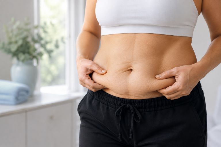 Woman holding loose stomach skin after significant weight loss.