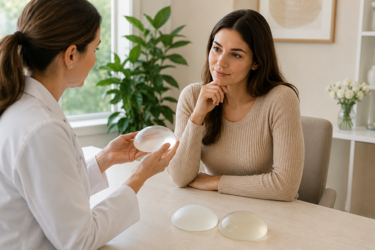 Woman discussing breast implant options with a plastic surgeon during consultation.