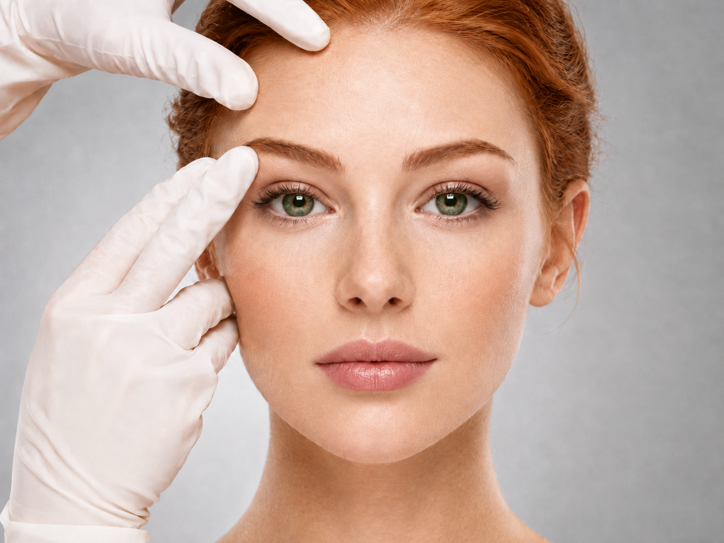 Red-haired woman with green eyes during a brow lift assessment.
