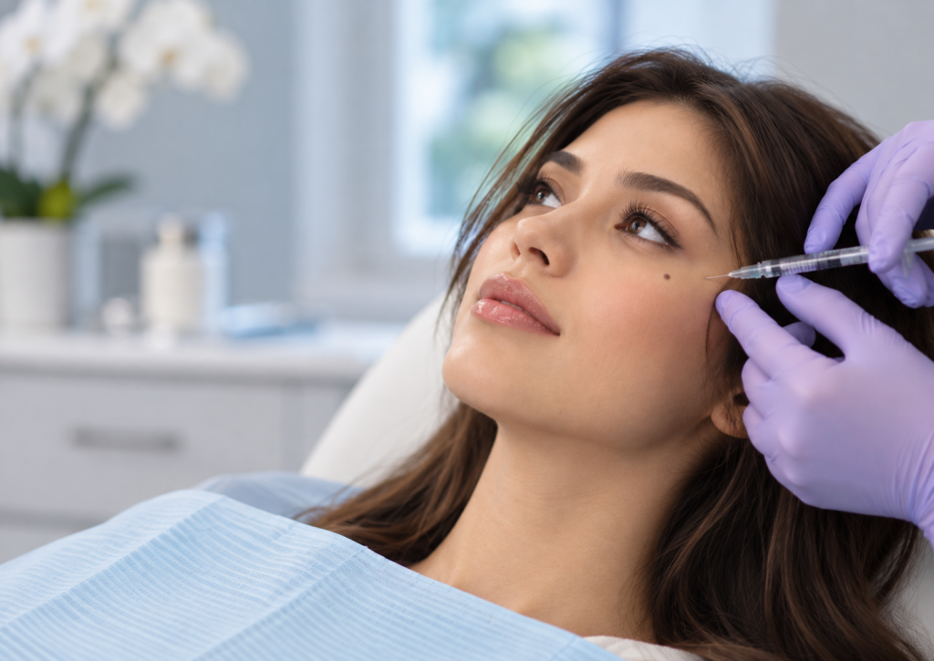 Woman receiving Botox treatment near the outer eye in a cosmetic clinic.