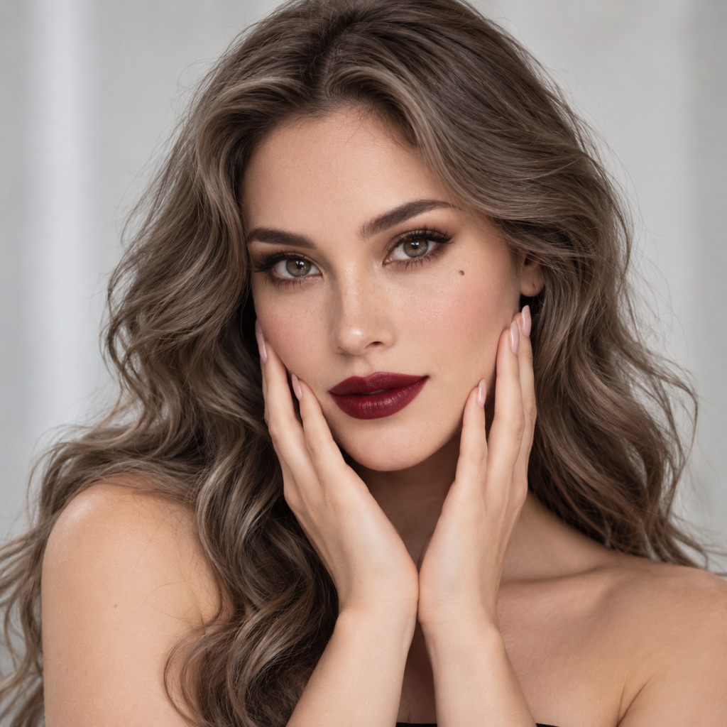 Woman with curly ash-brown hair gently touching her face after cosmetic treatment.