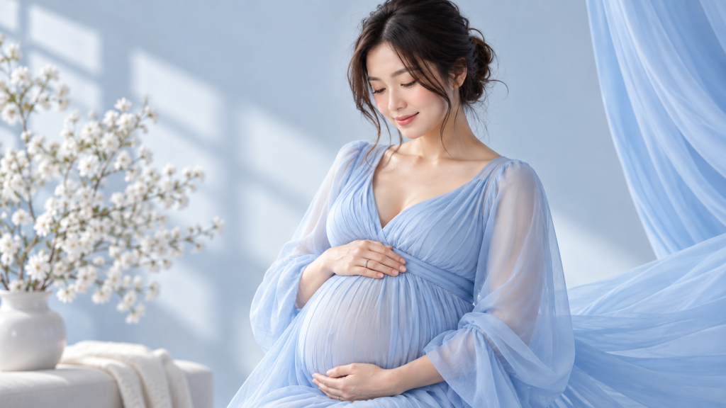 Pregnant woman in a light blue dress gently cradling her belly.